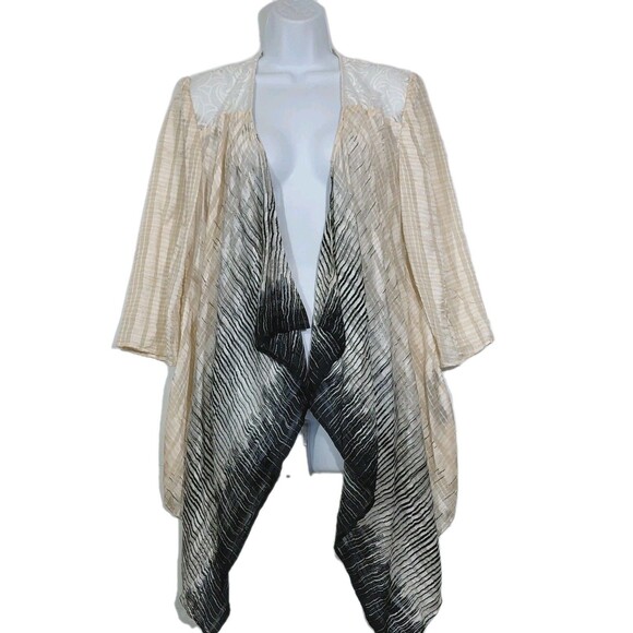 Chico's Travelers Size 1 Sheer Beige Black Open Front Asymmetrical Hem Cardigan - Picture 1 of 11